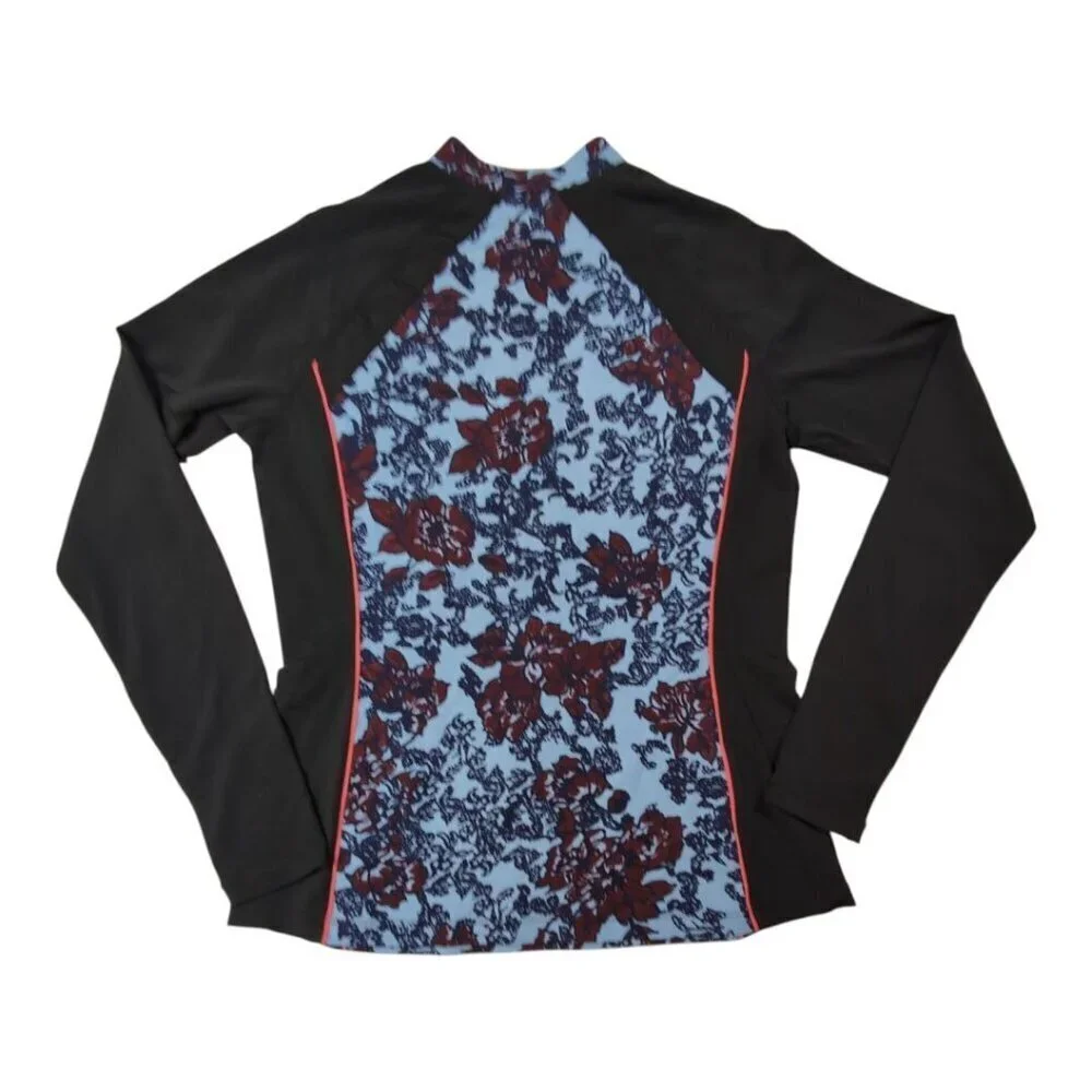 Floral Rash Guard Swim Top Colorblock Long-Sleeve Zip Black & Blue Womens M